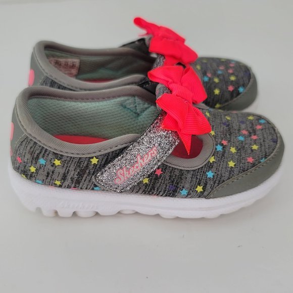 Skechers Go Walk Size 6 Infant Baby‎ Girl Gray Starry Design Pink Bow - Picture 3 of 7